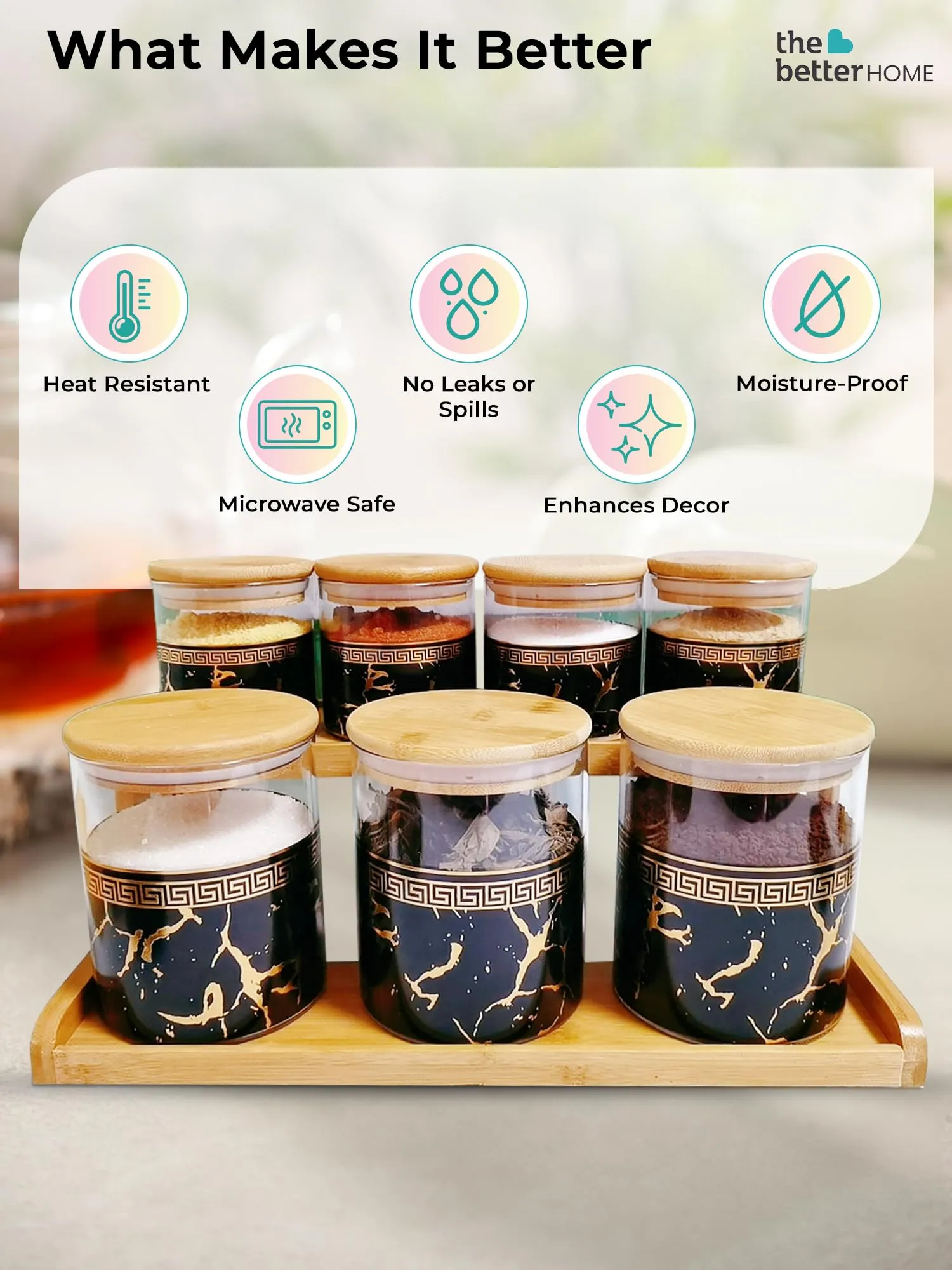 The Better Home Pack of 7 Kitchen Organizer Borosilicate Jars with Bamboo Lid & Tray | 4 Pcs 350 ml & 3 Pcs 850 ml | Glass Jars for Cookies, Spices, Snacks, Tea, Coffee, Sugar | BPA Free | Green