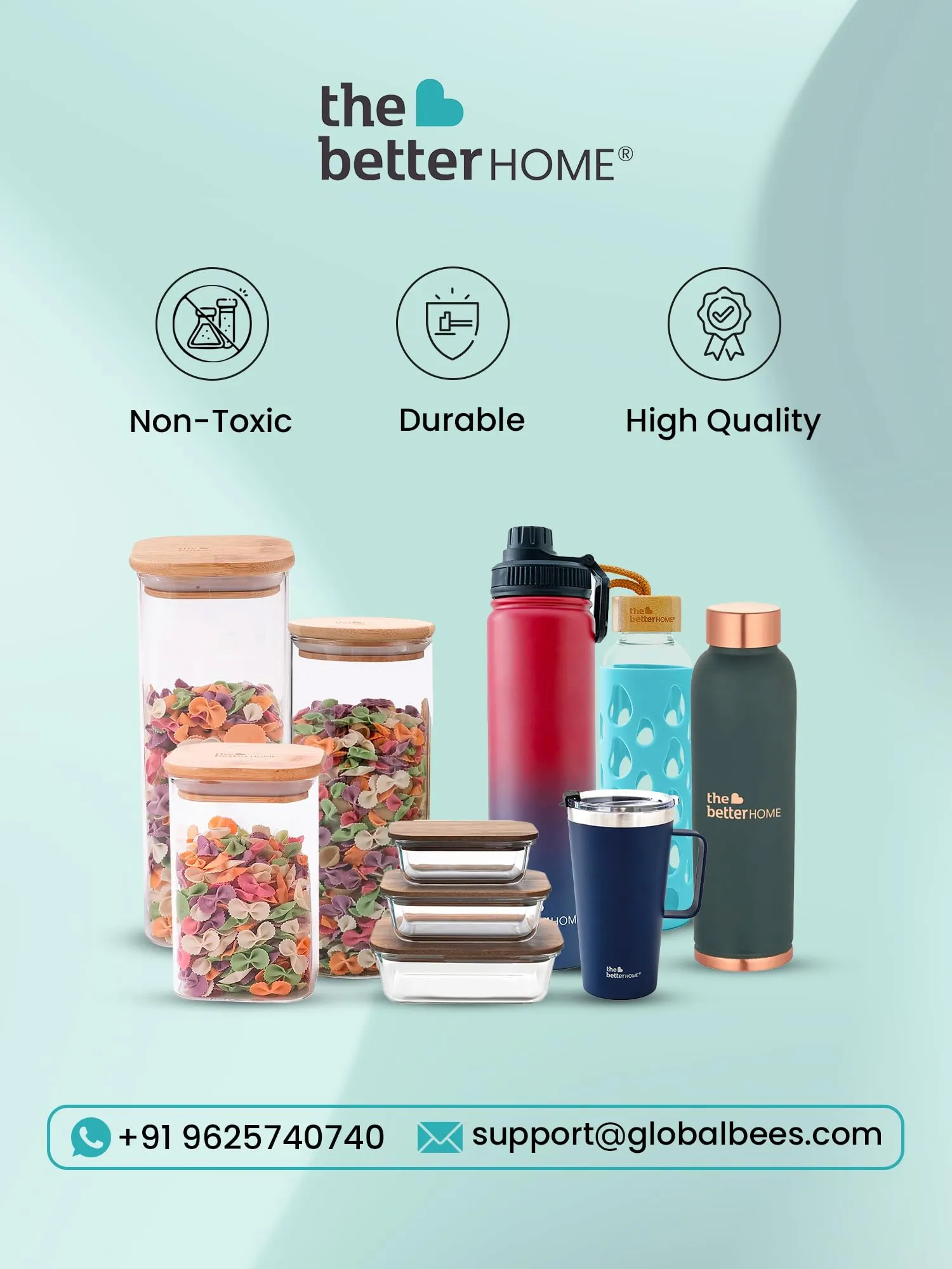 The Better Home Pack of 7 Kitchen Organizer Borosilicate Jars with Bamboo Lid & Tray | 4 Pcs 350 ml & 3 Pcs 850 ml | Glass Jars for Cookies, Spices, Snacks, Tea, Coffee, Sugar | BPA Free | Green