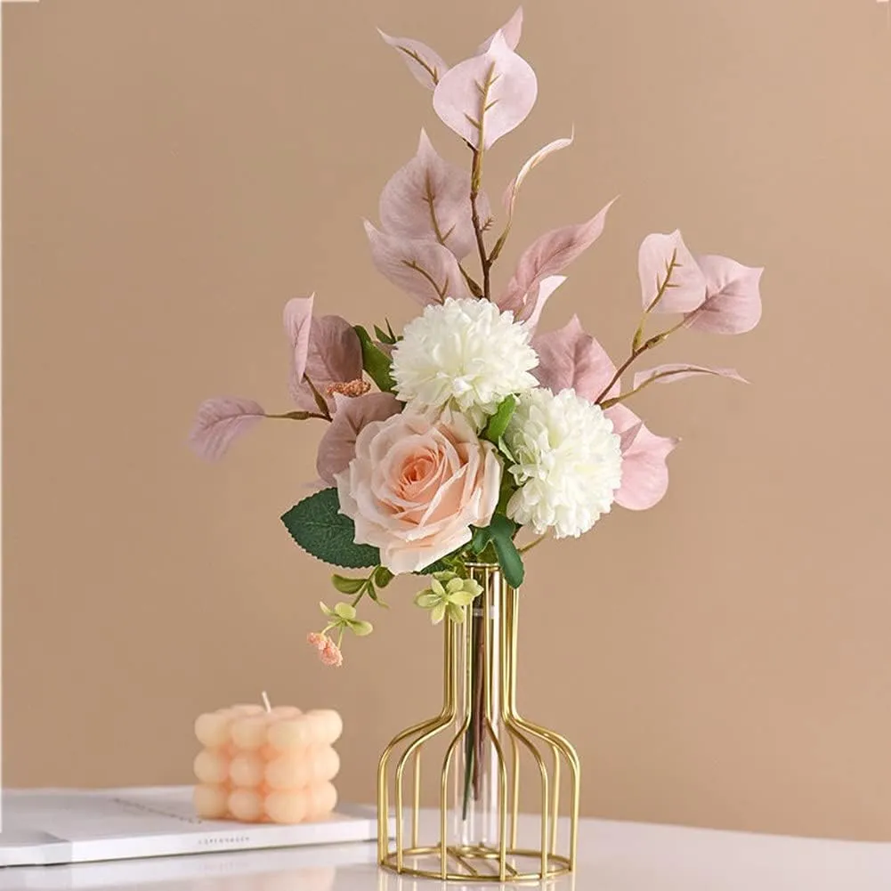 TIED RIBBONS Metal Frame Test Tube Glass Planter Vase Set of 2 for Flowers Plants Home Decor Living Room Bedroom Hall Kitchen Office Table Top Desk Centerpiece Decoration Gifting Items
