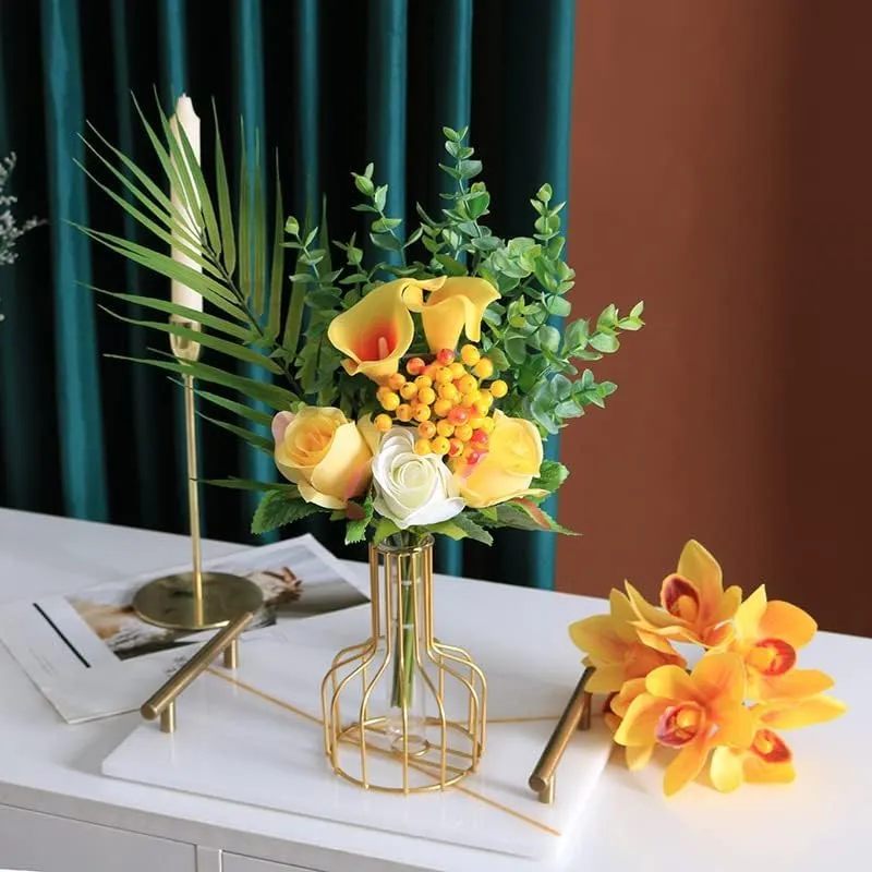 TIED RIBBONS Metal Frame Test Tube Glass Planter Vase Set of 2 for Flowers Plants Home Decor Living Room Bedroom Hall Kitchen Office Table Top Desk Centerpiece Decoration Gifting Items