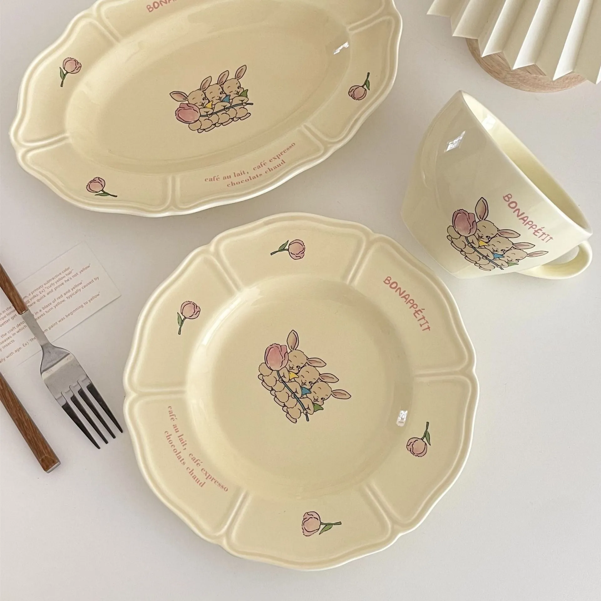Vintage French Three Rabbit Ceramic Oval Plate