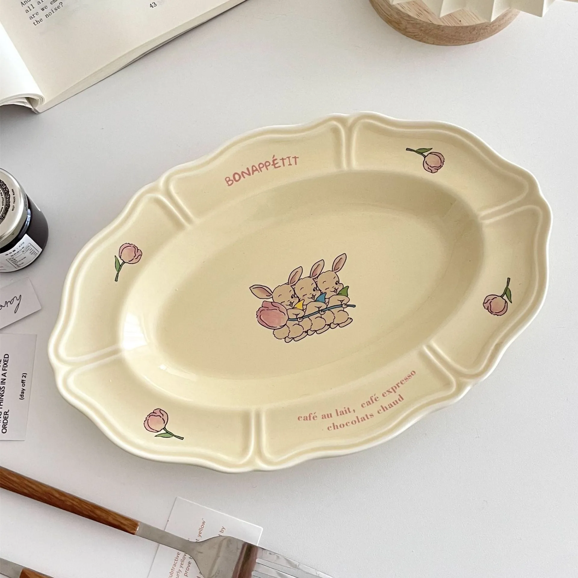 Vintage French Three Rabbit Ceramic Oval Plate