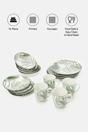 White And Green Printed Dinner Set (16 Piece)