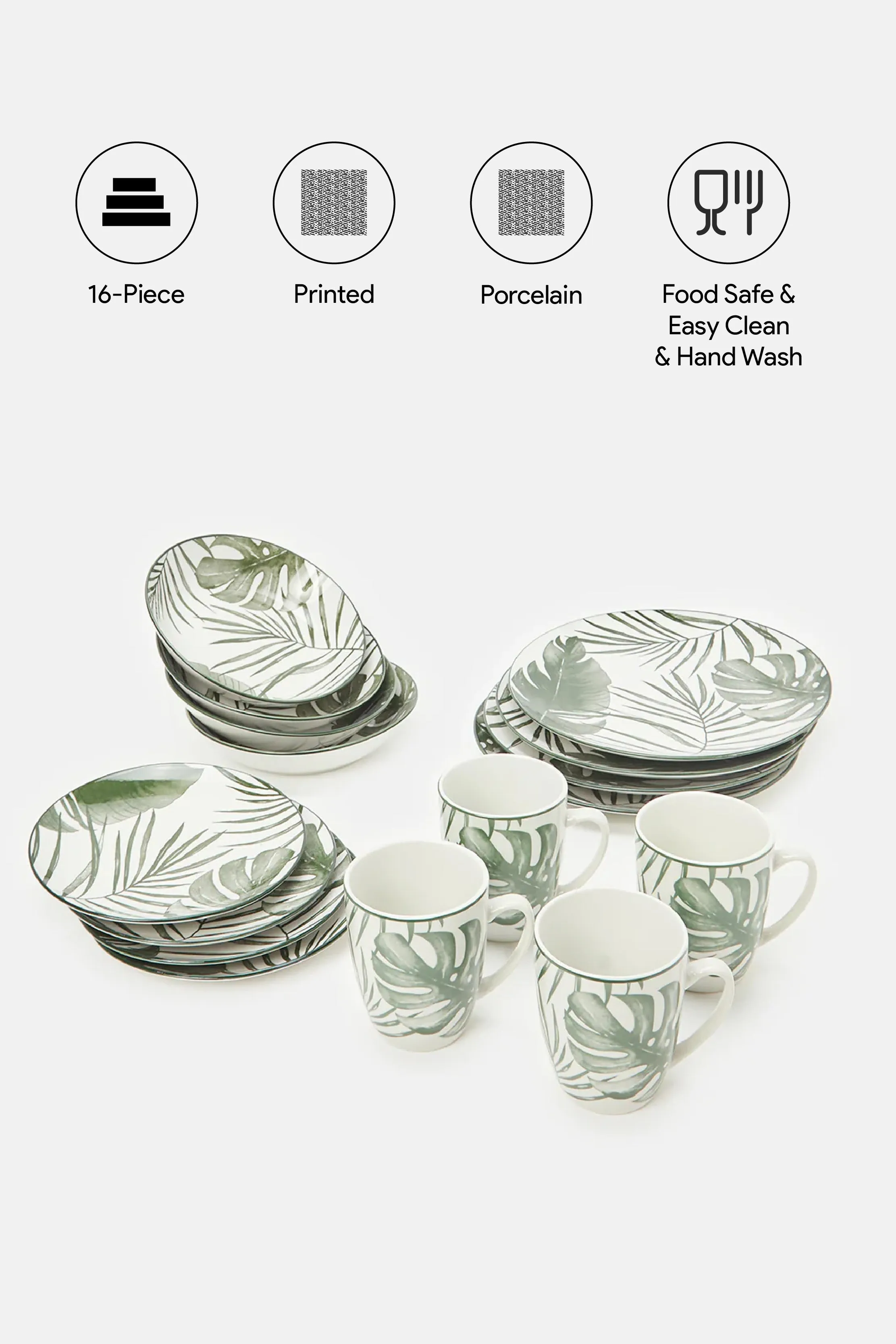 White And Green Printed Dinner Set (16 Piece)