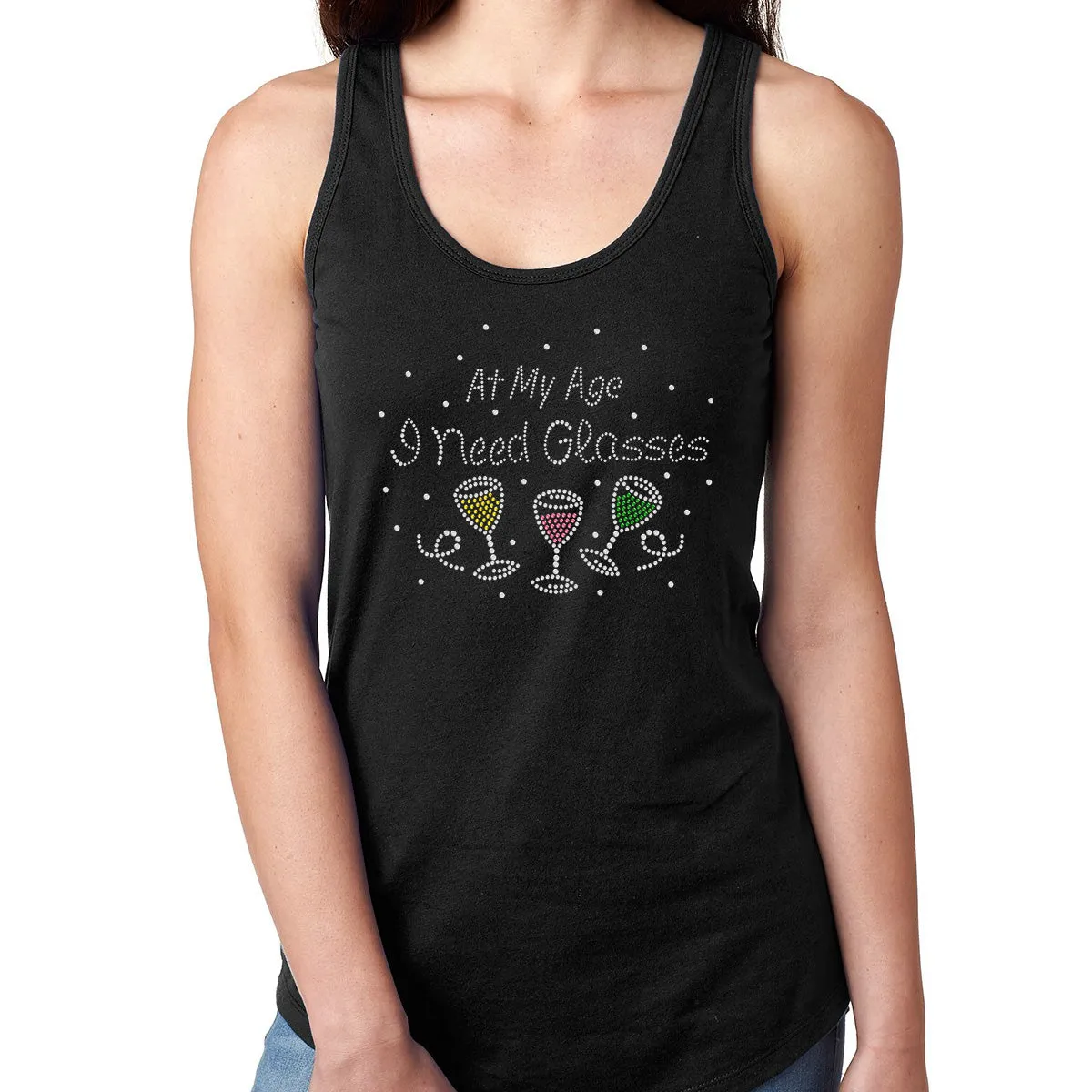 Womens T-Shirt Bling Black Fitted Tee At my Age I Need Glasses